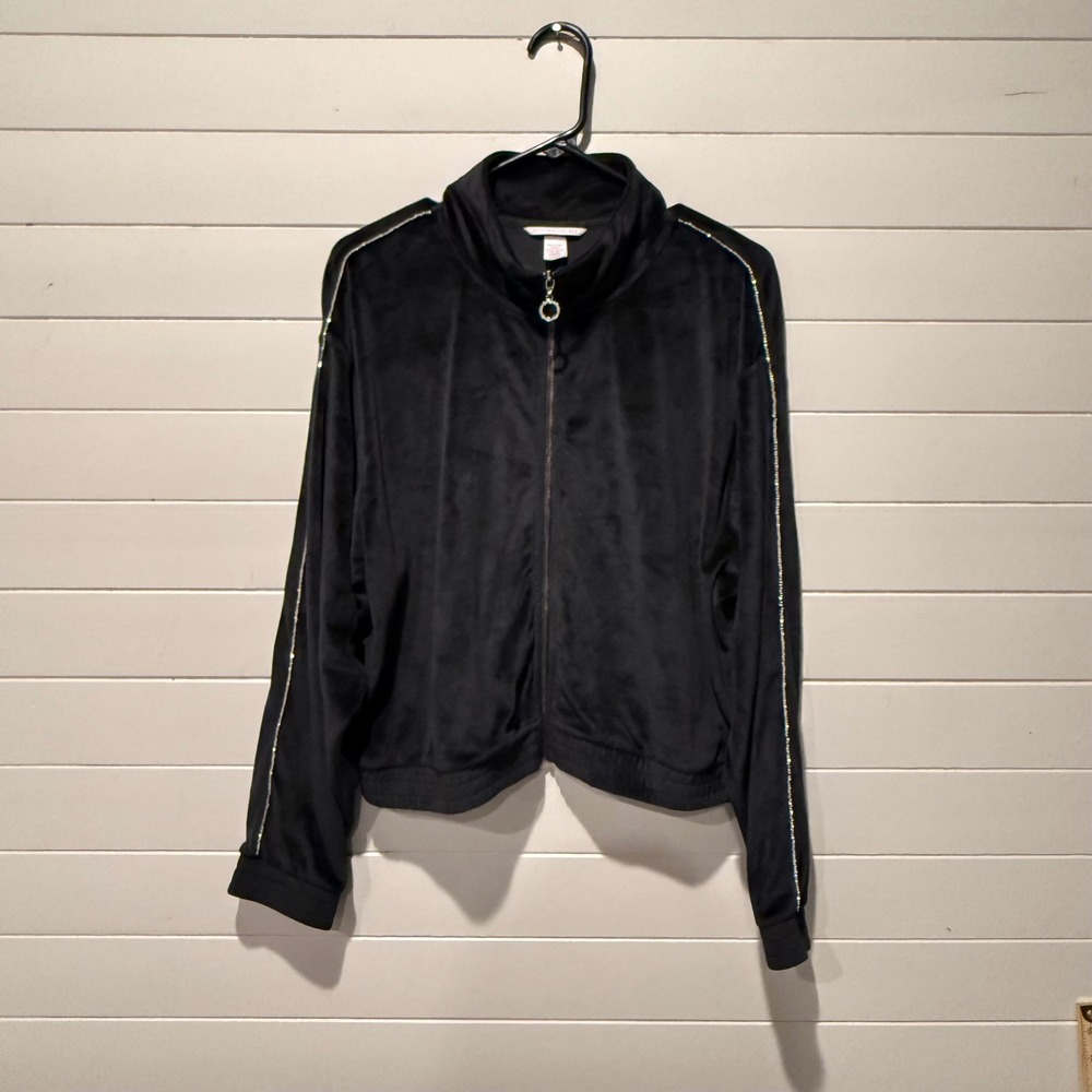 Victoria's Secret Velour Track Jacket Womens XL Black Rhinestone Zip Up Y2K